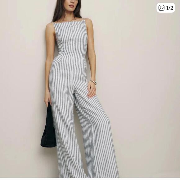 Reformation Pants - Reformation Ciara Striped Wide-Leg Jumpsuit in Antibes Stripe